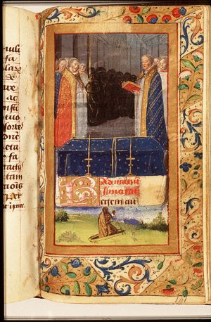 A funeral service in a church; Death standing in a coffin