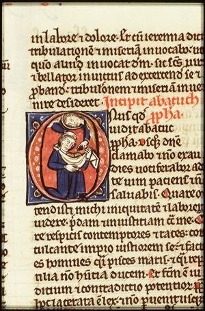 The prophet Habakkuk carried by his hair by an angel