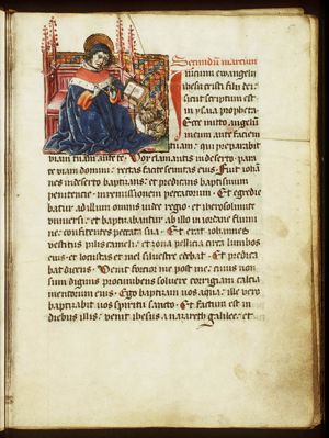 The Evangelist St. Mark sharpening his quill, with his symbol the lion