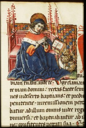 The Evangelist St. Mark sharpening his quill, with his symbol the lion