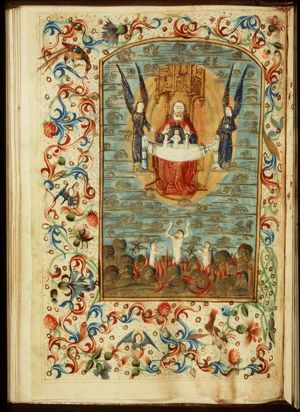 Two angels releasing souls from Purgatory