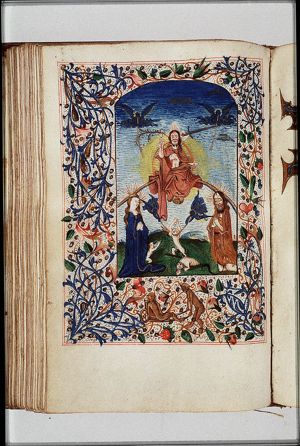 The Last Judgement: Christ on a rainbow raises the dead in the presence of Mary and St. John the Baptist; trumpeting angels