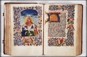 The Last Judgement: Christ on a rainbow raises the dead in the presence of Mary and St. John the Baptist; trumpeting angels