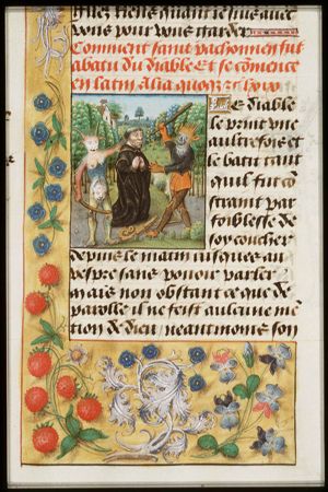 St. Pachomius maltreated by two devils; his staff is broken