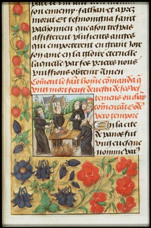 Monks burn the clothes of a deceased man in presence of St. Pachomius