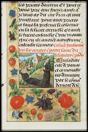 St. Pachomius watches angels carrying the soul of a deceased monk to heaven