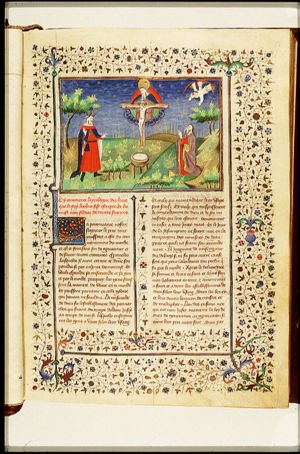 The Trinity: God the father holding the crucifix (Mercy-Seat); King Bochus and the prophet Sidrac, inspired by an angel