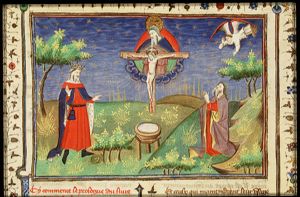 The Trinity: God the father holding the crucifix (Mercy-Seat); King Bochus and the prophet Sidrac, inspired by an angel