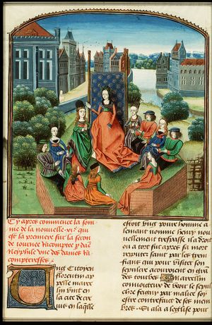 Filomena, queen of the second day, and Florentines listen to Neifile's tale