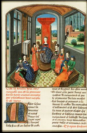 Neifile, queen of the third day, and Florentines listen to Filostrato's tale
