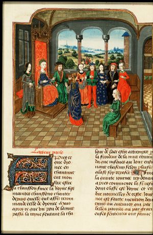 Elisa, queen of the sixth day, and Florentines listen to Filomena's tale