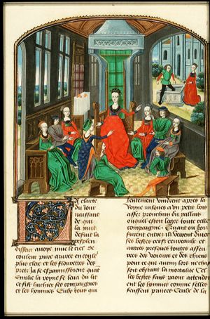 Emilia, queen of the ninth day, and Florentines listen to Filomena's tale