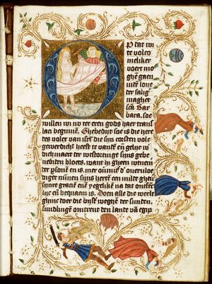 An angel gives St. Barbara a veil to cover her nakedness