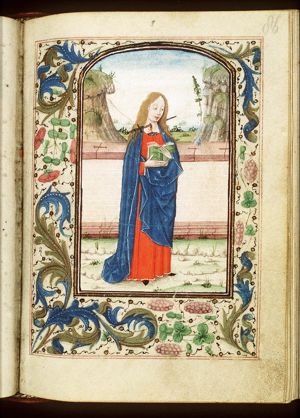 St. Lucy of Syracuse holding a book, with a dagger in her neck