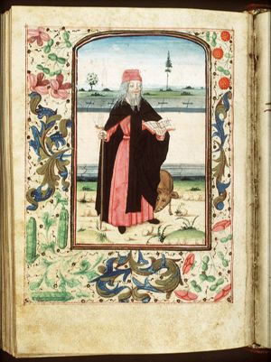 St. Antony Abbot of Egypt holding a staff and a book, with a pig
