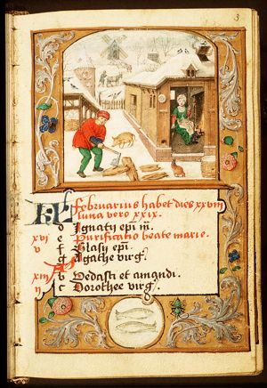 February: a man chopping wood, a woman warming herself at a fire