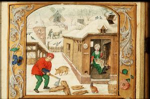 February: a man chopping wood, a woman warming herself at a fire
