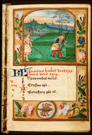 June: a man and woman making hay