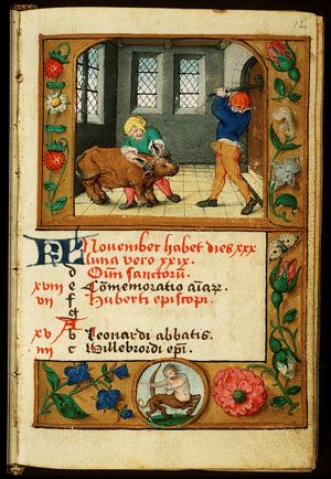 November: two men slaughtering a bull