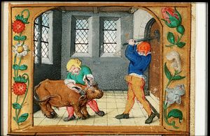 November: two men slaughtering a bull