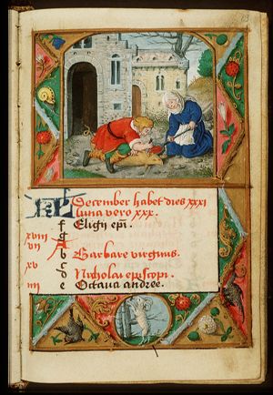 December: a man and a woman slaughtering a pig