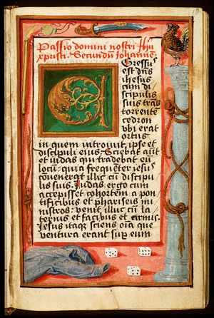 Instruments of the Passion: cock on a column, dice, rope, seamless garment, sword (with Malchus' ear), torch