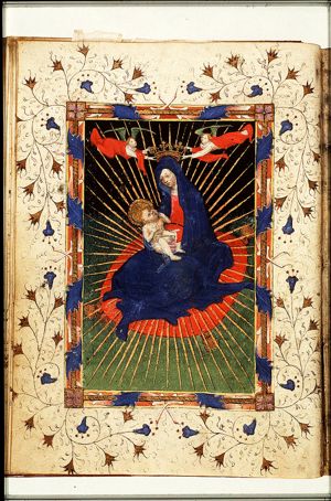 Madonna: Mary sitting on the ground, holding the Christ-child, is crowned by two angels