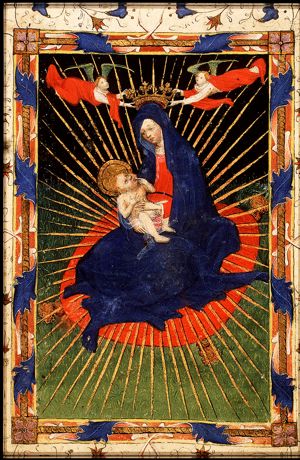 Madonna: Mary sitting on the ground, holding the Christ-child, is crowned by two angels
