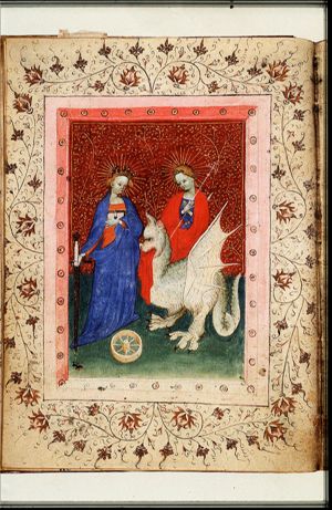 St. Catherine of Alexandria holding a sword, a wheel at her feet, and St. Margaret of Antioch with the dragon, holding a cross-staff