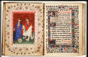 St. Catherine of Alexandria holding a sword, a wheel at her feet, and St. Margaret of Antioch with the dragon, holding a cross-staff