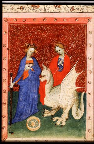 St. Catherine of Alexandria holding a sword, a wheel at her feet, and St. Margaret of Antioch with the dragon, holding a cross-staff