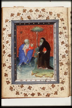 St. Christopher carries the Christ-child, St. Antony Abbot of Egypt holding a T-shaped staff and a book