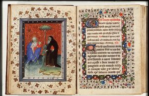St. Christopher carries the Christ-child, St. Antony Abbot of Egypt holding a T-shaped staff and a book