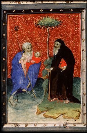 St. Christopher carries the Christ-child, St. Antony Abbot of Egypt holding a T-shaped staff and a book