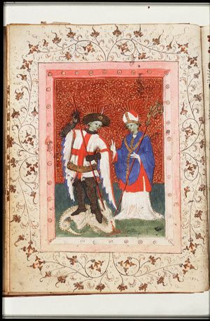 St. George fighting the dragon and St. Nicholas, Bishop of Myra, holding a crozier
