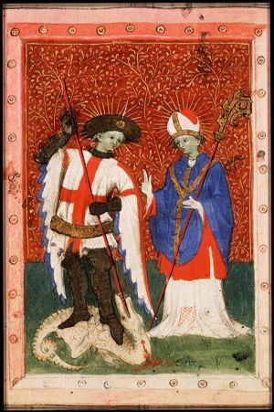 St. George fighting the dragon and St. Nicholas, Bishop of Myra, holding a crozier