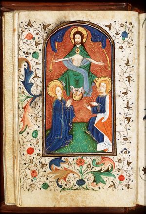 The Last Judgement: Christ on a rainbow in the presence of Mary and St. John the Baptist; trumpeting angels