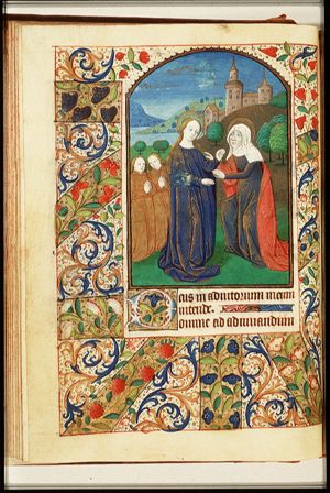 The Visitation: Mary, accompanied by two angels, meets St. Elisabeth