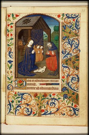 The Nativity: the adoration of the Christ-child by Mary, St. Joseph, and angels