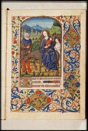 The Flight into Egypt: Mary, St. Joseph and the Christ-child on their way, with angel