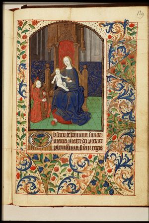 Madonna: Mary enthroned, holding the Christ child; an angel playing a harp