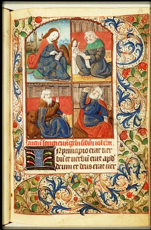 The Evangelist St. John writing on the island of Patmos, with his symbol the eagle; the Evangelist St. Matthew writing, with his symbol the angel; the Evangelist St. Mark sharpening his quill, with his symbol the lion; the Evangelist St. Luke sharpening his quill, with his symbol the ox