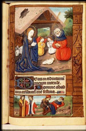 The Nativity: the adoration of the Christ-child by Mary, St. Joseph, and angels