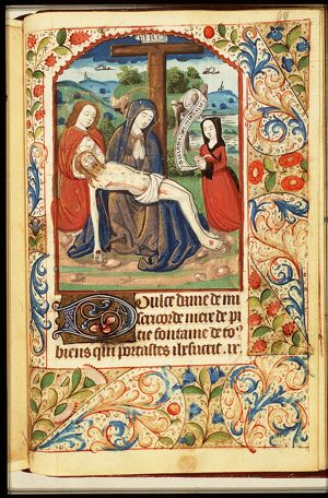 Pietà: Mary mourning the dead Christ together with St. John and femaleà donor(?)