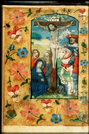 The Crucifixion, with Mary, St. John, the confessing centurion(?), and a soldier