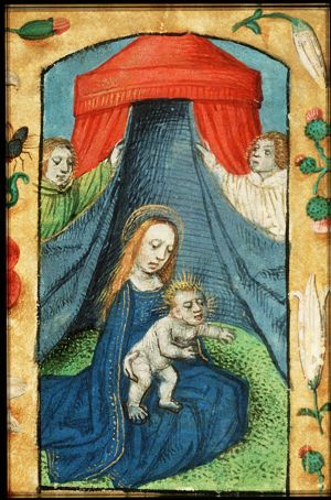 Madonna: Mary sitting on the ground, holding the Christ-child