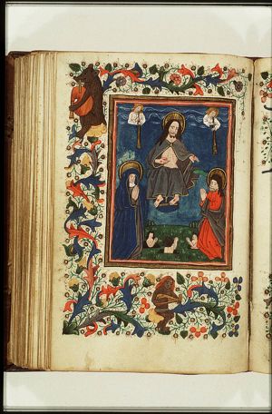 The Last Judgement: Christ on a rainbow raises the dead in the presence of Mary and St. John the Baptist; trumpeting angels