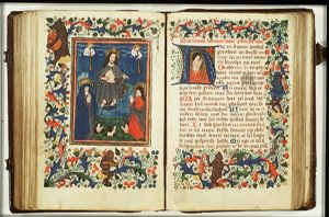 The Last Judgement: Christ on a rainbow raises the dead in the presence of Mary and St. John the Baptist; trumpeting angels