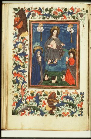The Last Judgement: Christ on a rainbow raises the dead in the presence of Mary and St. John the Baptist; trumpeting angels