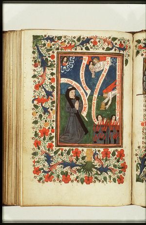 A monk praying; Liberation of the souls from Purgatory, an angel bringing food